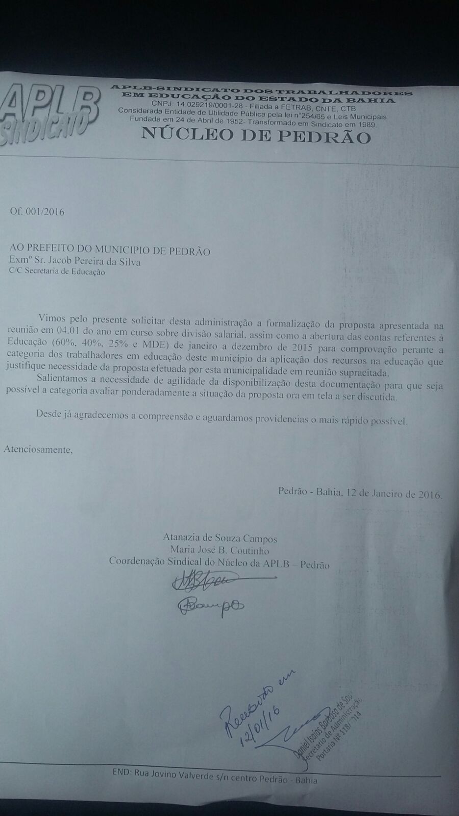 OFÍCIO APLB DIA 12 DE JANEIRO