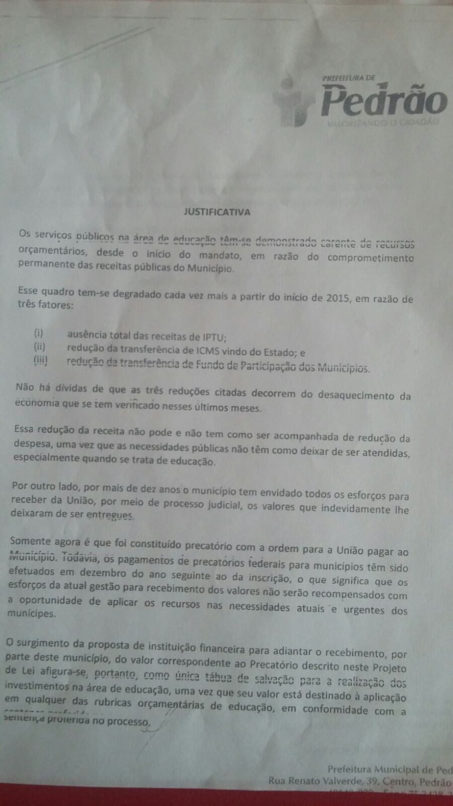 PROJETO DE LEI PEDRÃO JUSTIFICATIVA